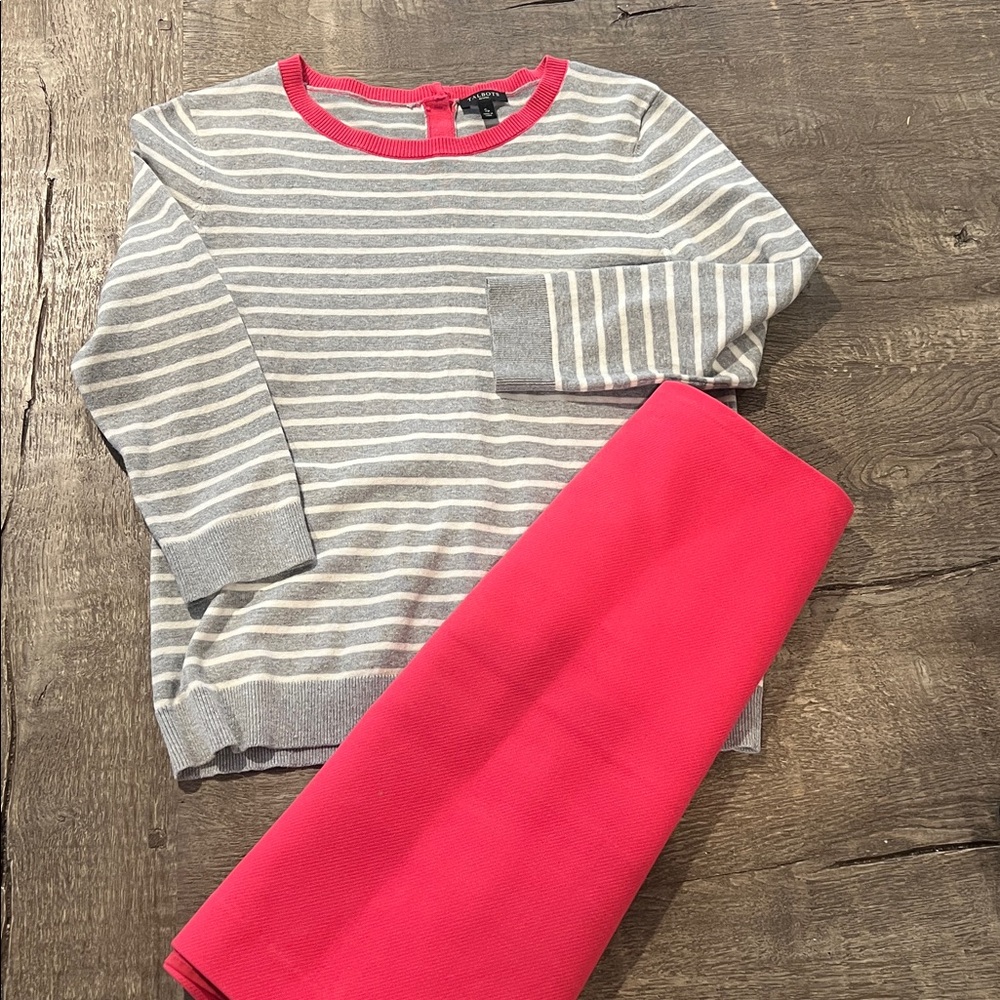 Talbots grey and White Striped sweater with pink details with skirt OUTFIT